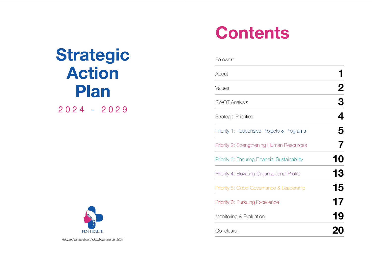 Two-page spread of the Fem Health Strategic Action Plan cover and contents page
