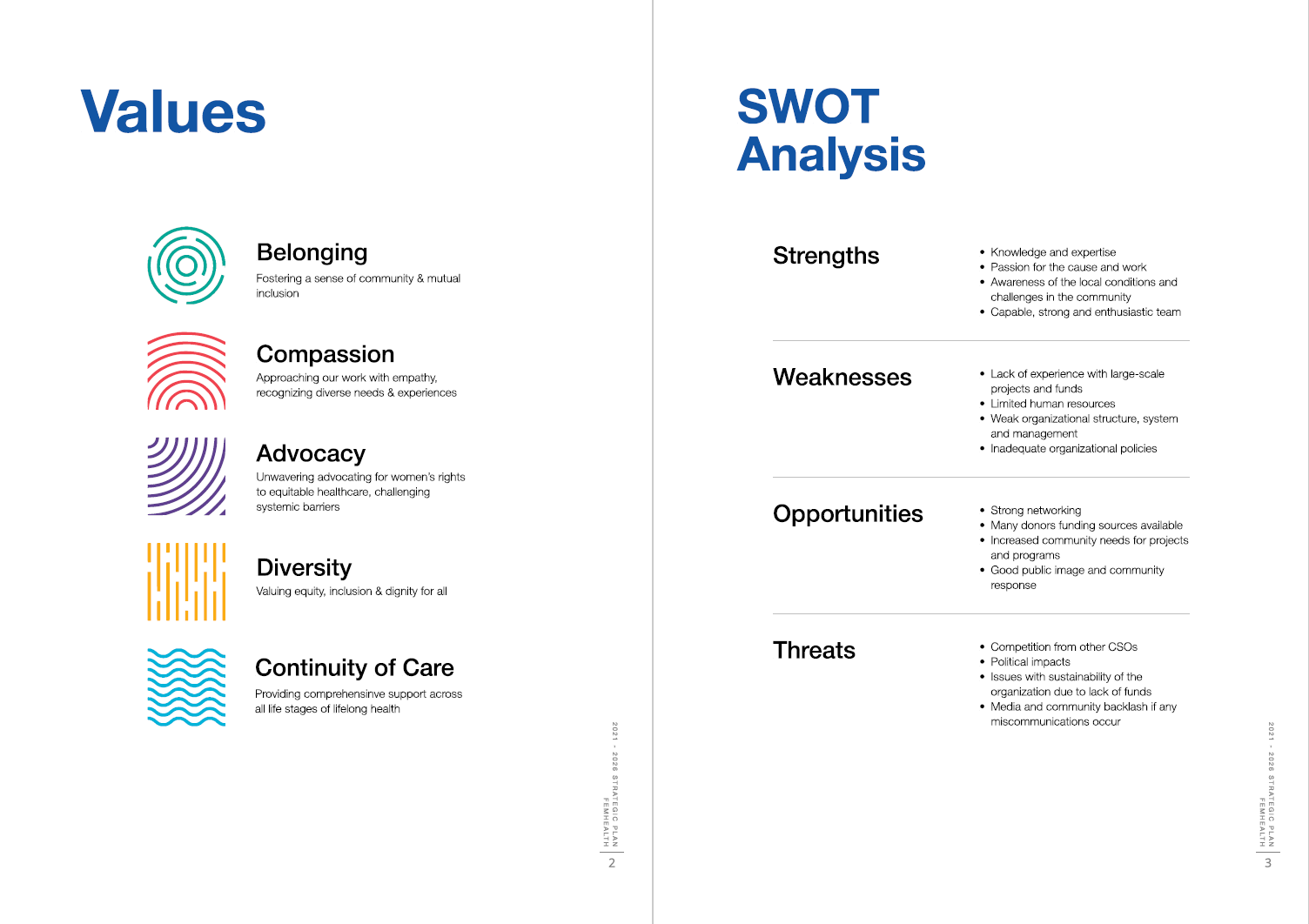 Two-page spread of the Values page and SWOT Analysis page