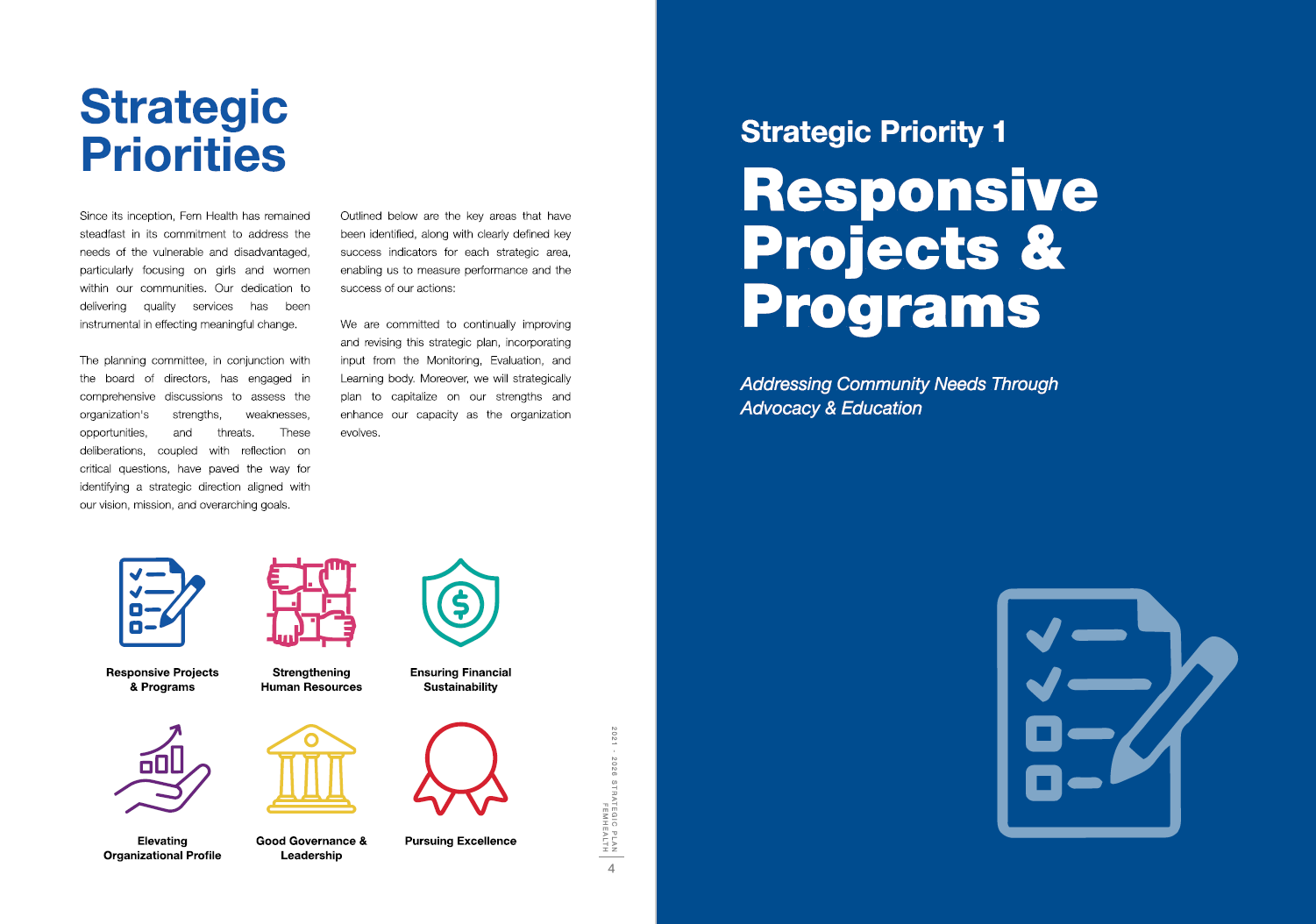 Two-page spread of the Strategic Priorities overview and the Priority 1 divider page