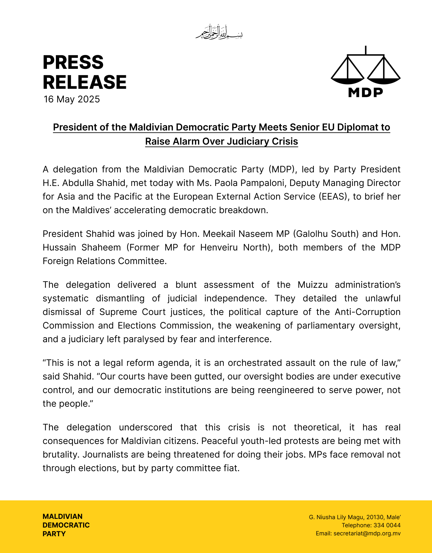 MDP press release layout, 16 May 2025, on the party president's meeting with an EU diplomat