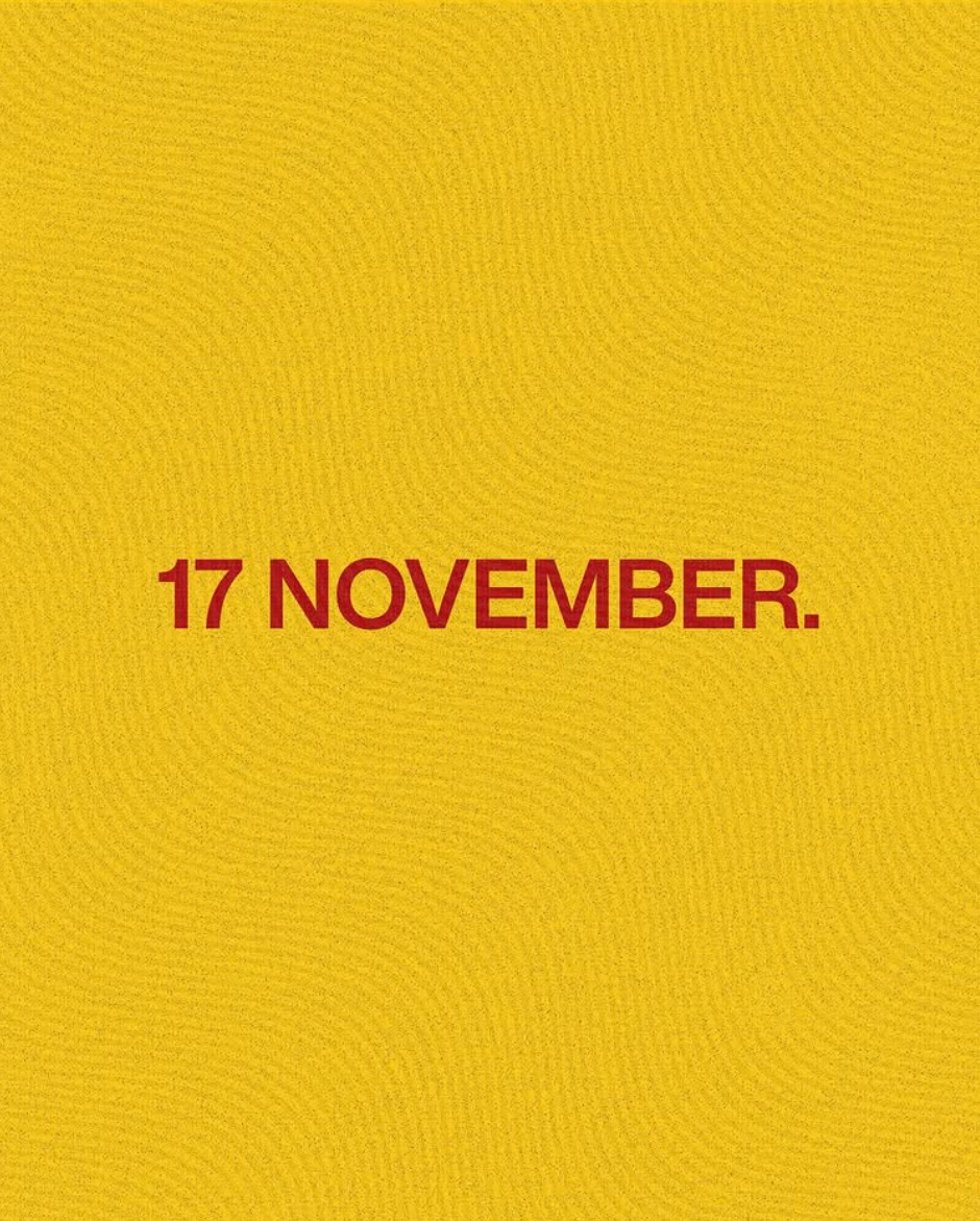 Minimal teaser post reading '17 November' on a yellow textured background