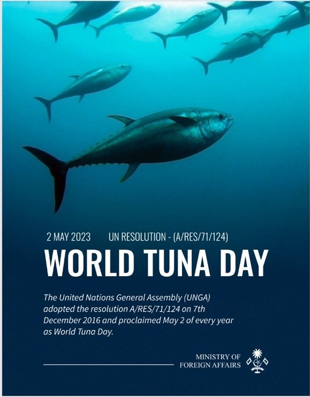 World Tuna Day infographic cover, showing tuna fish underwater with UN resolution text