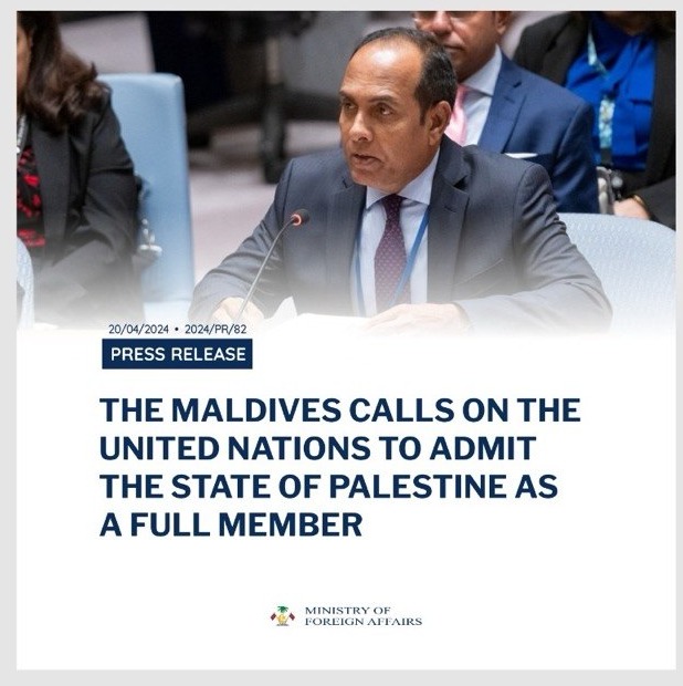 Press release photo card of Maldives representative speaking at the United Nations