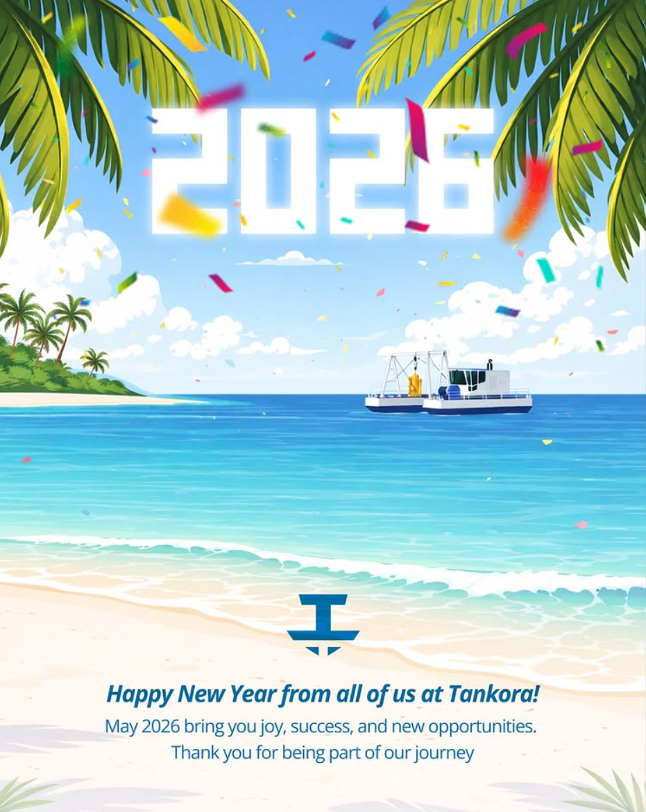 Tankora Group New Year 2026 greeting post with a beach and vessel illustration