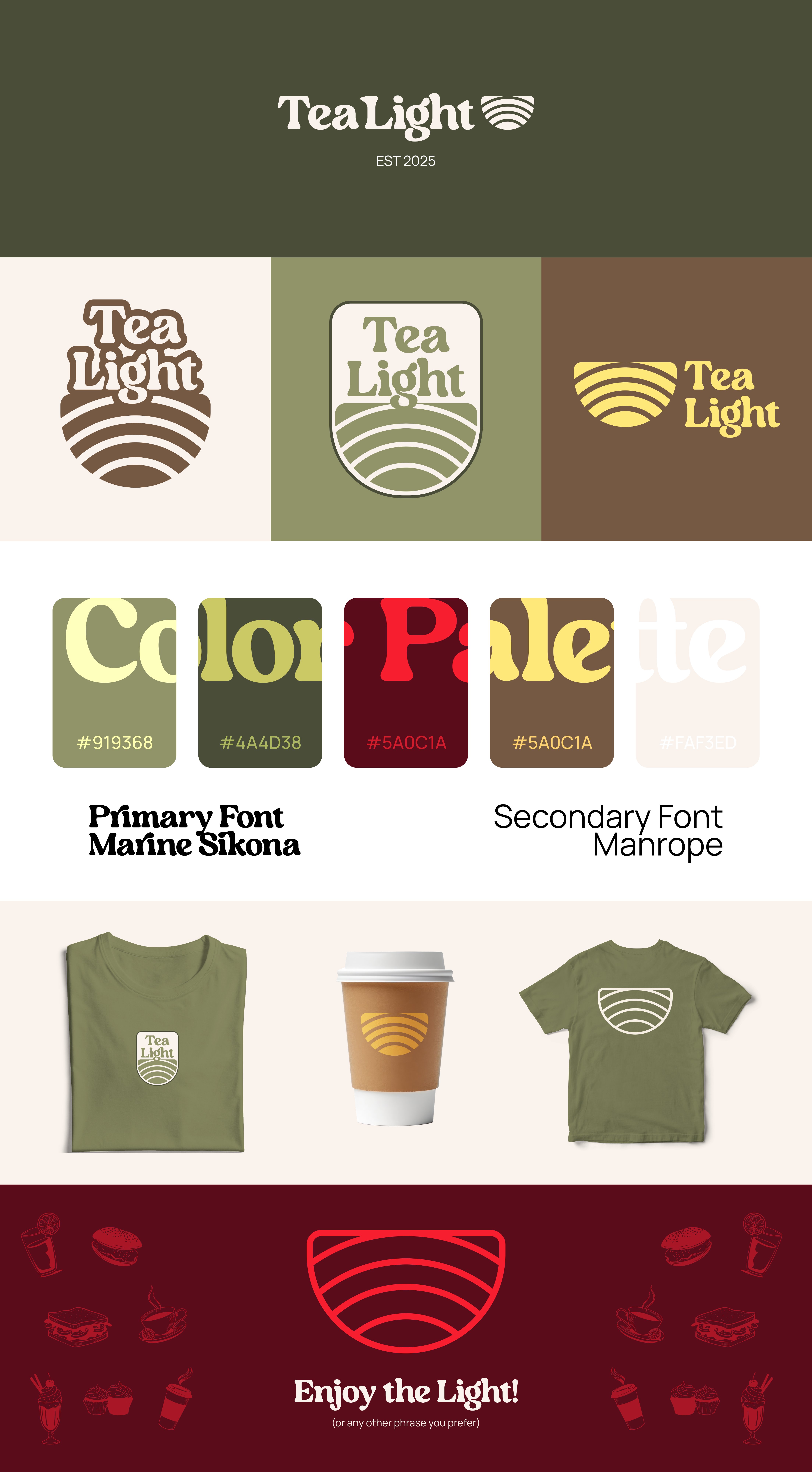 TeaLight brand design sheet showing logo variations, color palette, typography, and merchandise mockups