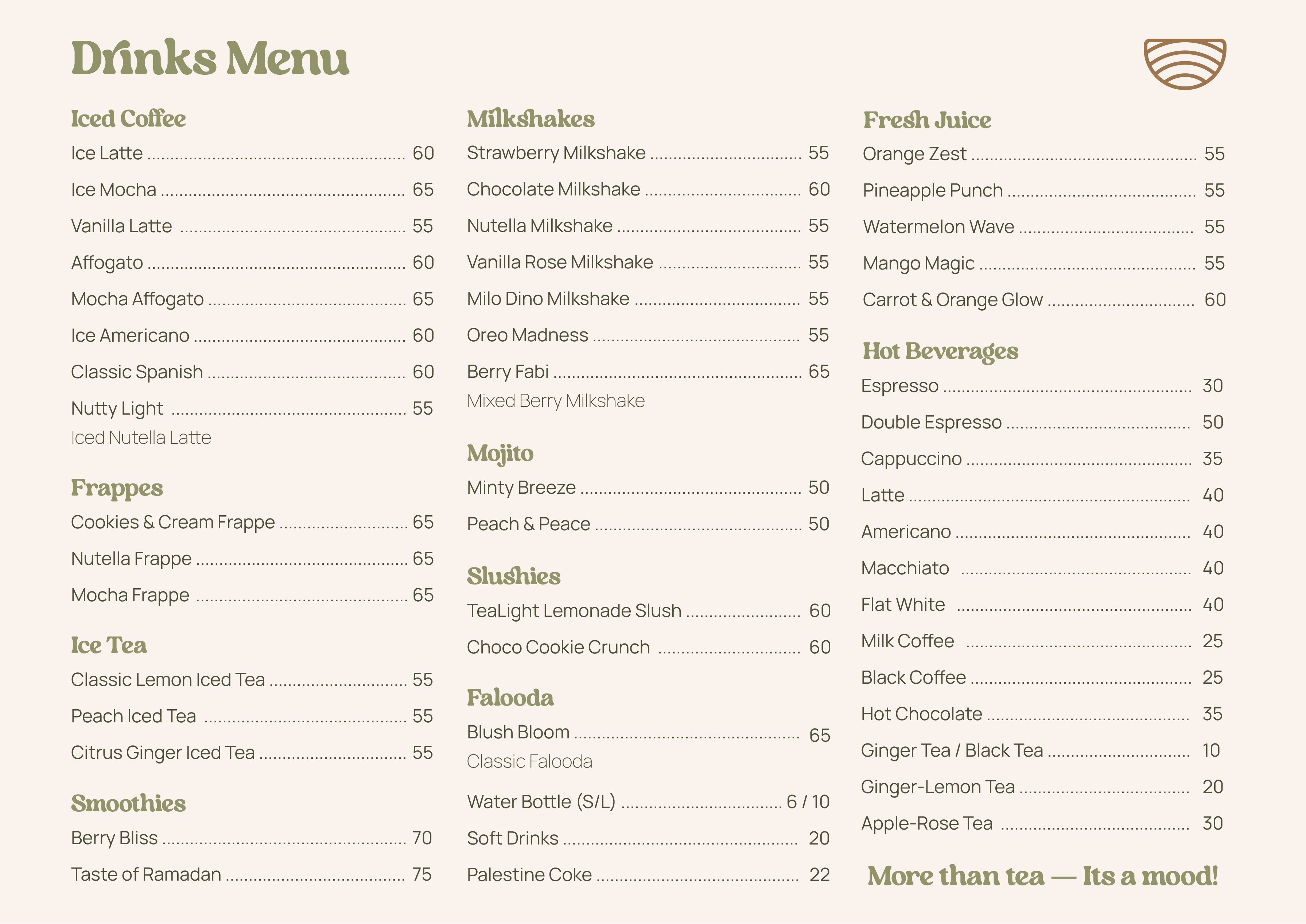 TeaLight full drinks menu covering iced coffee, frappes, milkshakes, mojitos, slushies, falooda, fresh juice, and hot beverages