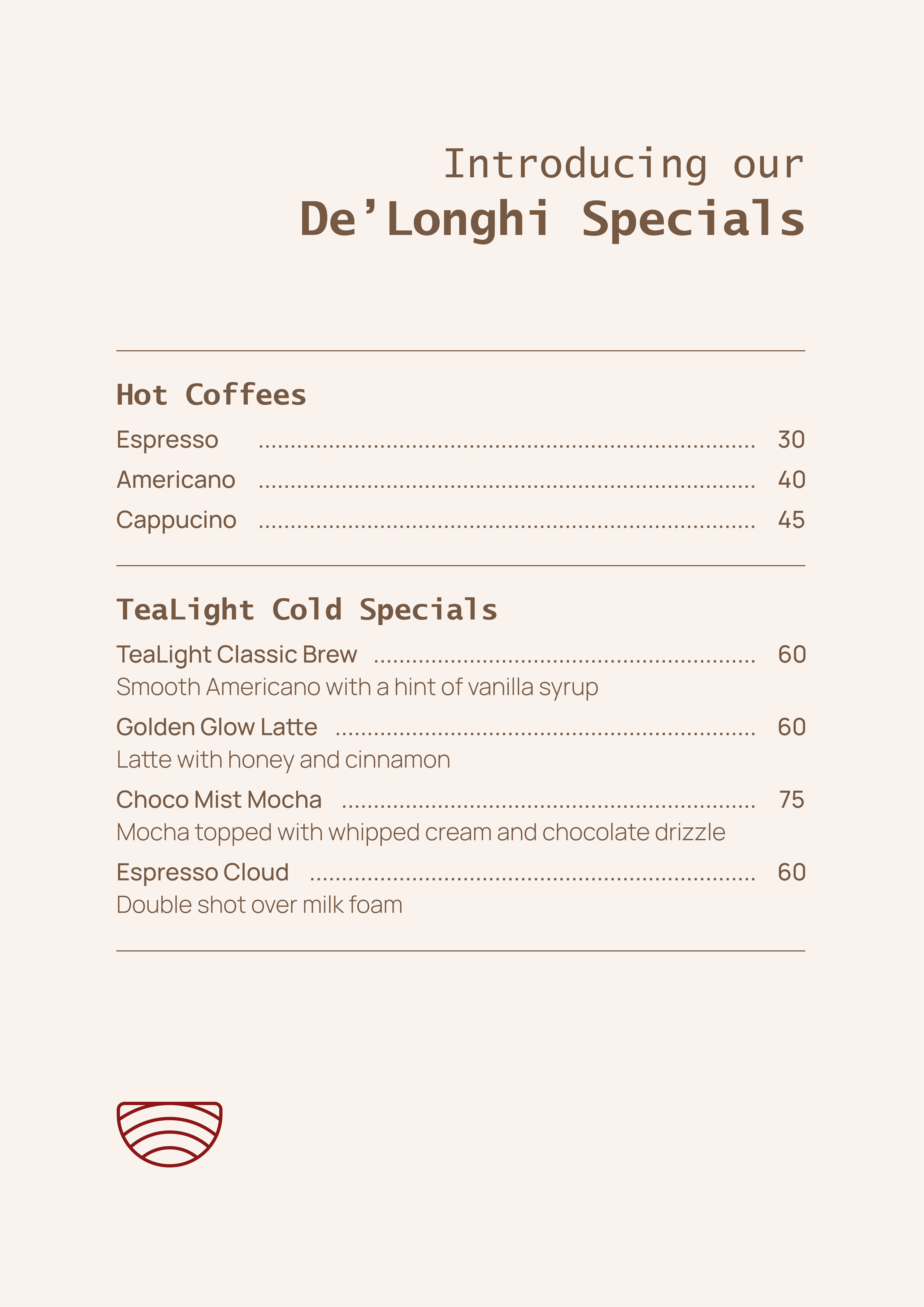 TeaLight De'Longhi Specials coffee menu featuring hot coffees and cold specials